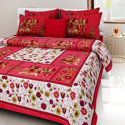 PETROSOLY 160 TC Cotton Double Jaipuri Prints Flat Bedsheet(Pack of 1, Red)