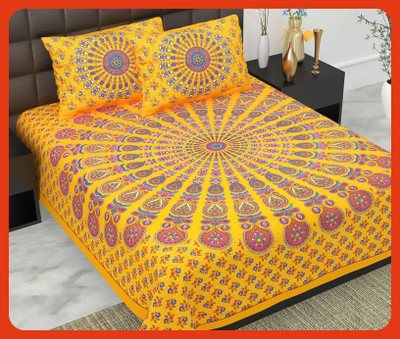 BedZone Cotton Double Flat 240 TC Jaipuri Prints Bedsheet(Pack of 1, Yellow)