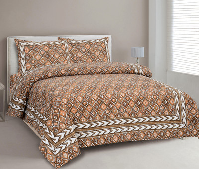 CLOTHOLOGY Cotton King Flat 240 TC Jaipuri Prints Bedsheet(Pack of 1, Orange, Brown, Light)