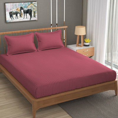 Homefab India Cotton Double Flat 140 TC Striped Bedsheet(Pack of 1, Pink)