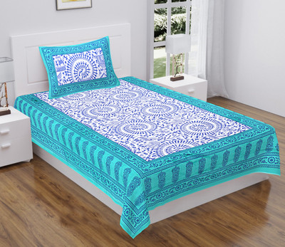 Navkar Creation 104 TC Cotton Single Jaipuri Prints Flat Bedsheet(Pack of 1, SKY)