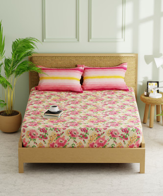 Kopa Microfiber Double Fitted (Elastic) 152 TC Floral Bedsheet(Pack of 1, BEIGE/PINK)