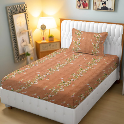 BharatLinen Polyester Single Flat 144 TC Jaipuri Prints Bedsheet(Pack of 1, Orange)