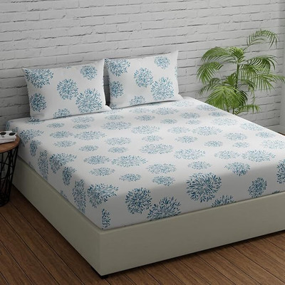 Mahira Crafts Cotton King Fitted (Elastic) 144 TC Geometric Bedsheet(Pack of 1, White&Blue)