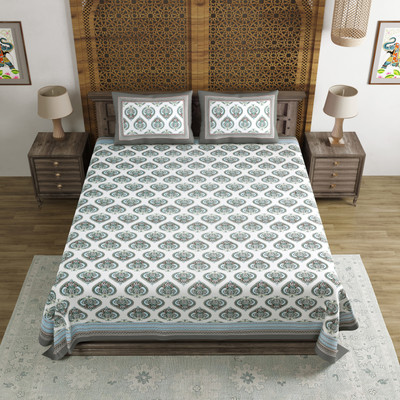 Blocks Of India Cotton Double Flat 200 TC Printed Bedsheet(Pack of 1, Grey, Green)
