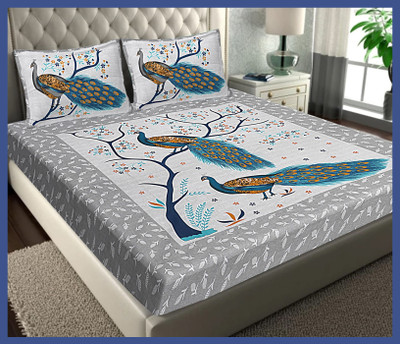 BedZone Cotton Double Flat 240 TC Jaipuri Prints Bedsheet(Pack of 1, Grey)