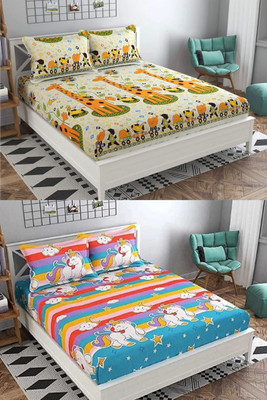 VORDVIGO Cotton Double Fitted (Elastic) 220 TC Floral Bedsheet(Pack of 2, Multicolor)