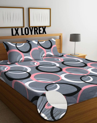 LX LOYREX 250 TC Cotton King Printed Fitted (Elastic) Bedsheet(Pack of 1, Grey, White)