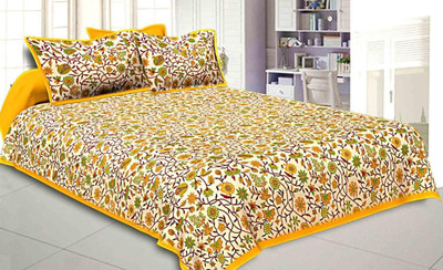 RAJDEVI JAIPUR PRINTS Cotton Double, King Flat 351 TC Printed Bedsheet(Pack of 1, Yellow)