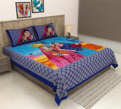 METRO LIVING Cotton Double Flat 144 TC Jaipuri Prints Bedsheet(Pack of 1, Blue)
