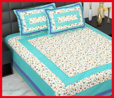 JAIPUR PRINTS Cotton Double Flat 210 TC Jaipuri Prints Bedsheet(Pack of 1, Sky)