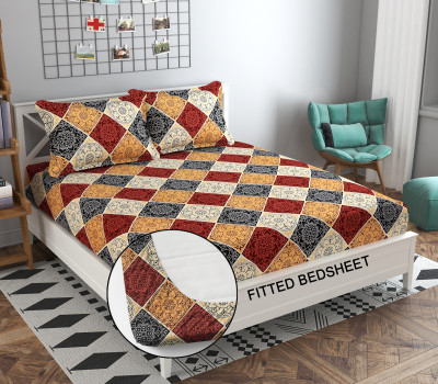 AMVY Creation 170 TC Cotton King Printed Fitted (Elastic) Bedsheet(Pack of 1, Multicolor)
