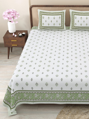 CLOTHOLOGY Cotton King Flat 240 TC Jaipuri Prints Bedsheet(Pack of 1, Green, White)