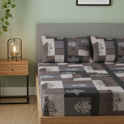 Cascade Cotton King Flat 220 TC Geometric Bedsheet(Pack of 1, Grey)