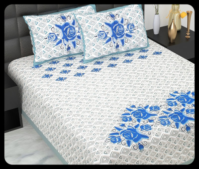 JAIPUR PRINTS Cotton Double Flat 220 TC Jaipuri Prints Bedsheet(Pack of 1, Blue)