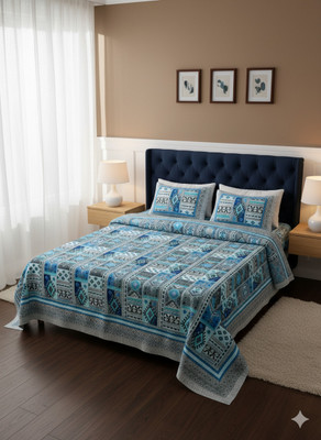 pari creations Cotton Super King Flat 240 TC Printed Bedsheet(Pack of 1, Blue)
