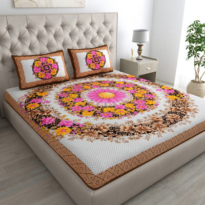 Mandakini 144 TC Cotton Double Jaipuri Prints Flat Bedsheet(Pack of 1, Brown)