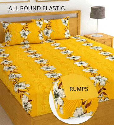 Rumps 350 TC Cotton, Microfiber Double Printed Fitted (Elastic) Bedsheet(Pack of 1, YELLOW LARI)
