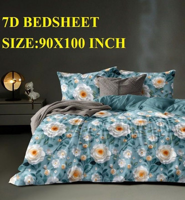 Laying Style Cotton Blend King Flat 240 TC Floral Bedsheet(Pack of 1, Heavy 7D Flower Print Double king Size Bedsheet 90x100 inch with 2 Pillow cover)