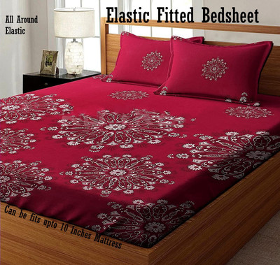 Amrange 210 TC Cotton King Floral Fitted (Elastic) Bedsheet(Pack of 1, Maroon)