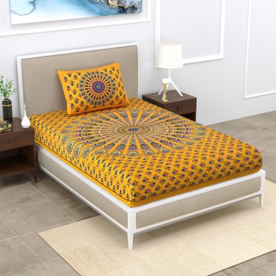 Poorak 104 TC Cotton Single Jaipuri Prints Flat Bedsheet(Pack of 1, Yellow)