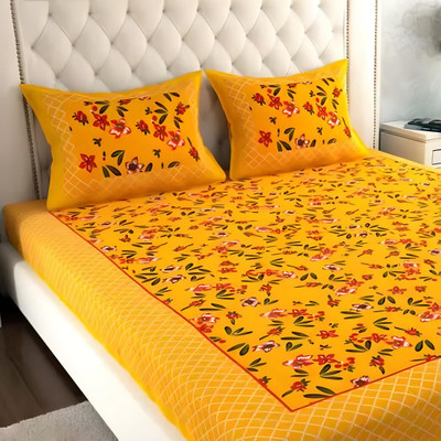 UNIBLISS Cotton Double Flat 144 TC Jaipuri Prints Bedsheet(Pack of 1, Yellow)