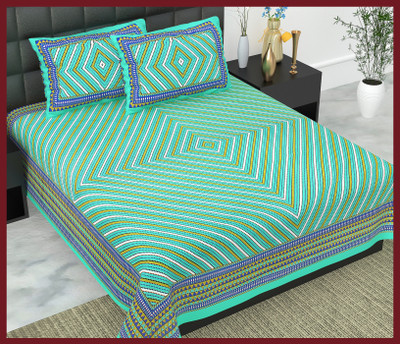 JAIPUR PRINTS Cotton Double Flat 144 TC Jaipuri Prints Bedsheet(Pack of 1, Green)
