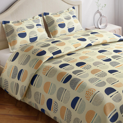 haus & kinder Cotton King Flat 144 TC Printed Bedsheet(Pack of 1, White, Blue, Yellow)
