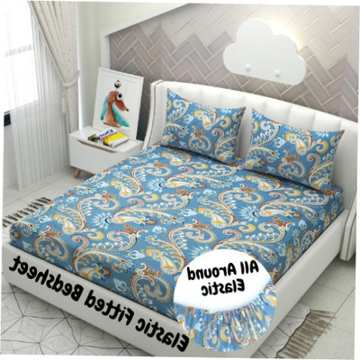 Flipkart SmartBuy 240 TC Microfiber Double Abstract Fitted (Elastic) Bedsheet(Pack of 1, Aqua)
