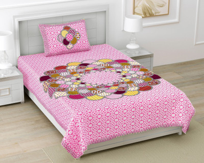 Dreamsoft Cotton Single Flat 260 TC Jaipuri Prints Bedsheet(Pack of 1, Pinkk)