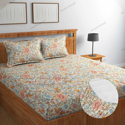 Decent Home 240 TC Cotton Double Floral Fitted (Elastic) Bedsheet(Pack of 1, YellowPeach)