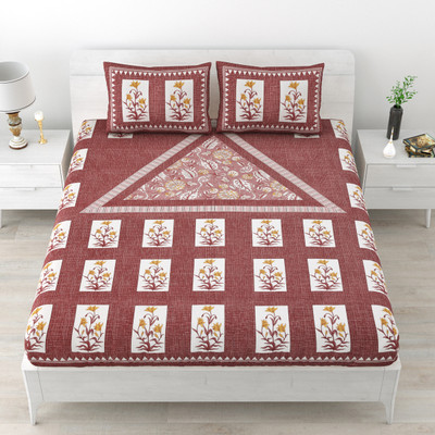 Poorak 104 TC Cotton Double Jaipuri Prints Flat Bedsheet(Pack of 1, Pink)
