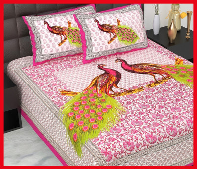 BedZone Cotton Double Flat 210 TC Jaipuri Prints Bedsheet(Pack of 1, Pink)