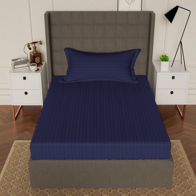 AVI 300 TC Cotton Single Striped Fitted (Elastic) Bedsheet(Pack of 1, Dark Blue)