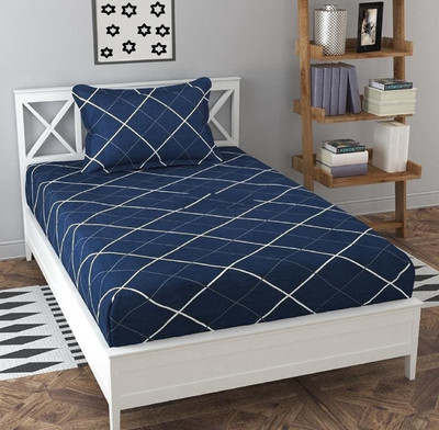 RUSTIC LINEN 144 TC Microfiber Single Printed Flat Bedsheet(Pack of 1, Dark Blue:White)