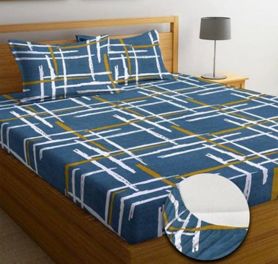 SRD 210 TC Cotton Queen Abstract Fitted (Elastic) Bedsheet(Pack of 1, Blue)