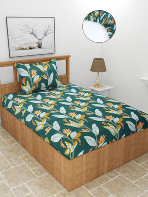 BREVARD 210 TC Polycotton Single Printed Fitted (Elastic) Bedsheet(Pack of 1, Green)