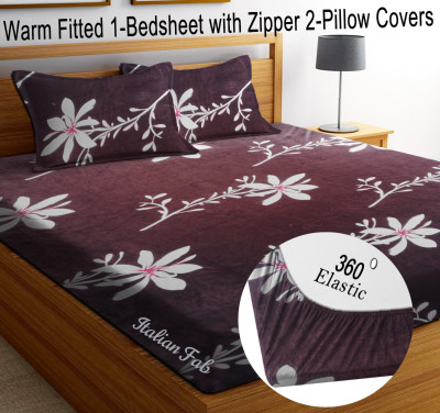Italian Fab Velvet King Fitted (Elastic) 400 TC Floral Bedsheet(Pack of 1, Velvet-Brown Flower)