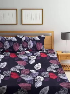 TripleV 210 TC Cotton Double Geometric Fitted (Elastic) Bedsheet(Pack of 1, Black leaf)