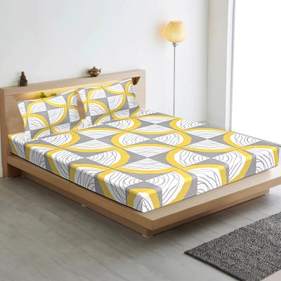 INDHOME LIFE 210 TC Cotton Queen Abstract Fitted (Elastic) Bedsheet(Pack of 1, Yellow)