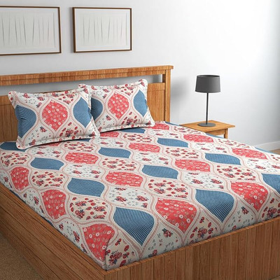 OM SAI DECOR Cotton King Fitted (Elastic) 350 TC Floral Bedsheet(Pack of 1, Pink Blue)
