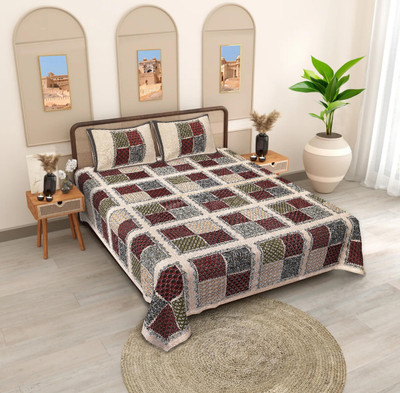 sayanan Cotton King Flat 300 TC Jaipuri Prints Bedsheet(Pack of 1, Brown and multicolour)