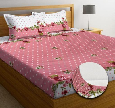 Komfy 280 TC Polycotton Double Printed Fitted (Elastic) Bedsheet(Pack of 1, PINK DOTSS)