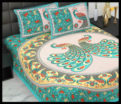 JAIPUR PRINTS Cotton Double Flat 160 TC Jaipuri Prints Bedsheet(Pack of 1, Sea green)