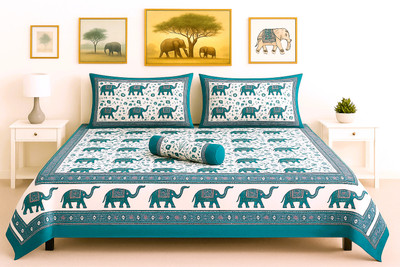 P S COLLECTIONS Cotton Queen Flat 180 TC Motifs Bedsheet(Pack of 1, Royal Teal Blue with Elegant Off-White Base)