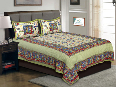 PALANG SHOBHA Cotton King Flat 400 TC Jaipuri Prints Bedsheet(Pack of 1, Green)
