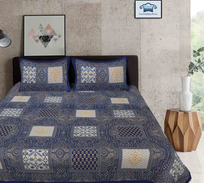 ROOP JYOTI Cotton Double Flat 180 TC Printed Bedsheet(Pack of 1, Dark Blue:White)