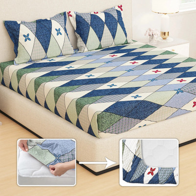 Story@home 210 TC Microfiber Queen Printed Fitted (Elastic) Bedsheet(Pack of 1, Blue, Dark Blue)