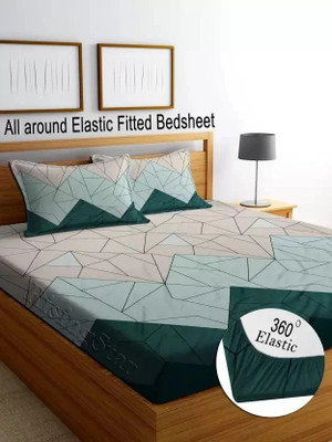 RisingStar Cotton King Fitted (Elastic) 250 TC Striped Bedsheet(Pack of 1, Fitted_GreenTraingle_Premium)