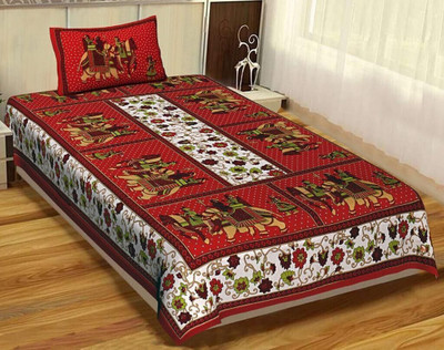 VASTRA VILLA Cotton Single Flat 155 TC Floral Bedsheet(Pack of 1, Red White Gangor)